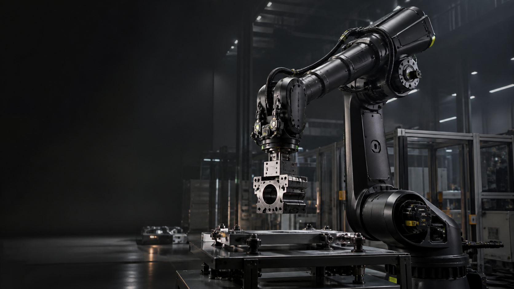 Nowoczesne ramię robota przemysłowego w zautomatyzowanej hali produkcyjnej